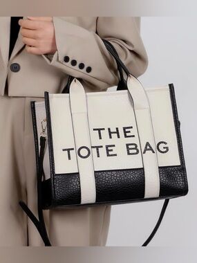 Cream and Black Structured Women's Tote Bag with Bold Front Text